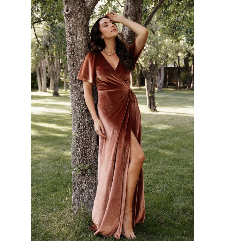 Baltic Born Meghan Velvet Wrap Maxi Dress Womens XS Spice Brown Bridesmaid Party